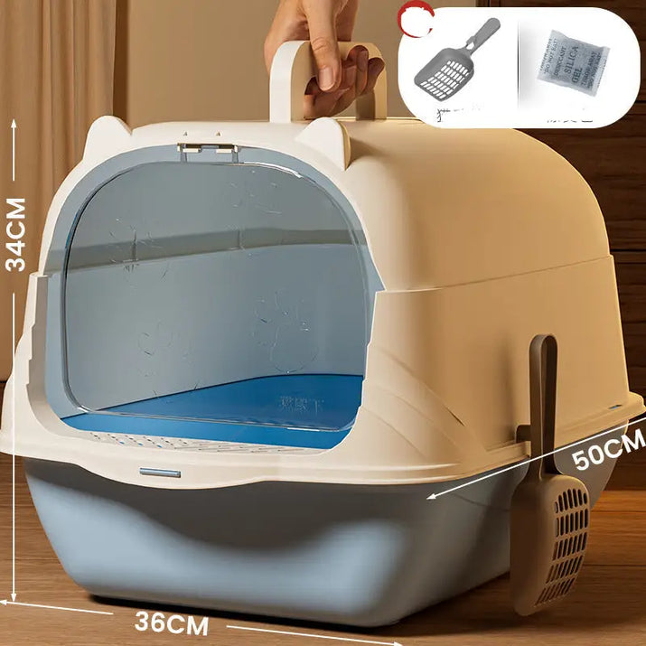 Enclosed cat litter box with dimensions.