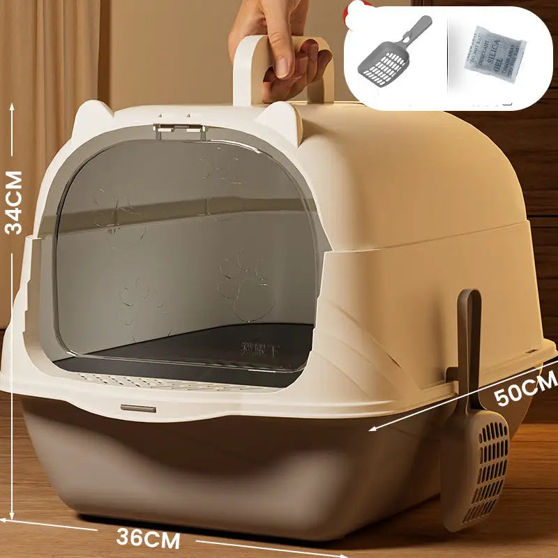 Enclosed cat litter box with dimensions.