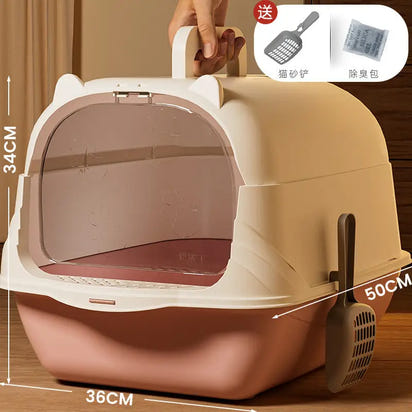 Pink and beige cat litter box with dimensions.
