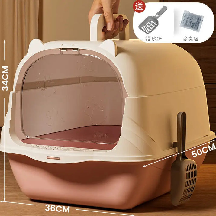 Pink and beige cat litter box with dimensions.