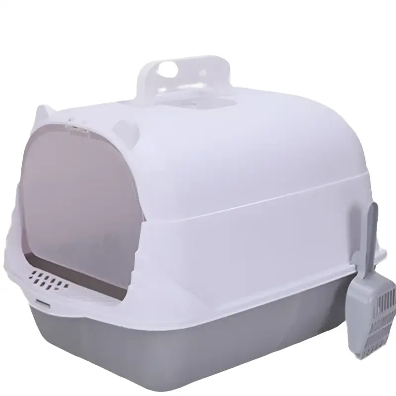 Enclosed gray and white cat litter box with scoop.
