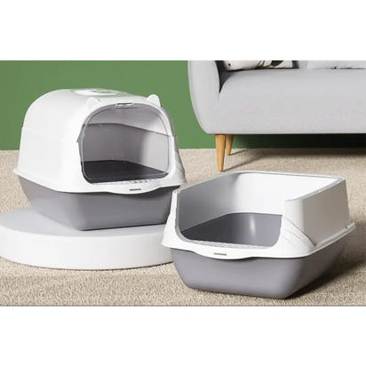 Two-tone cat litter boxes.