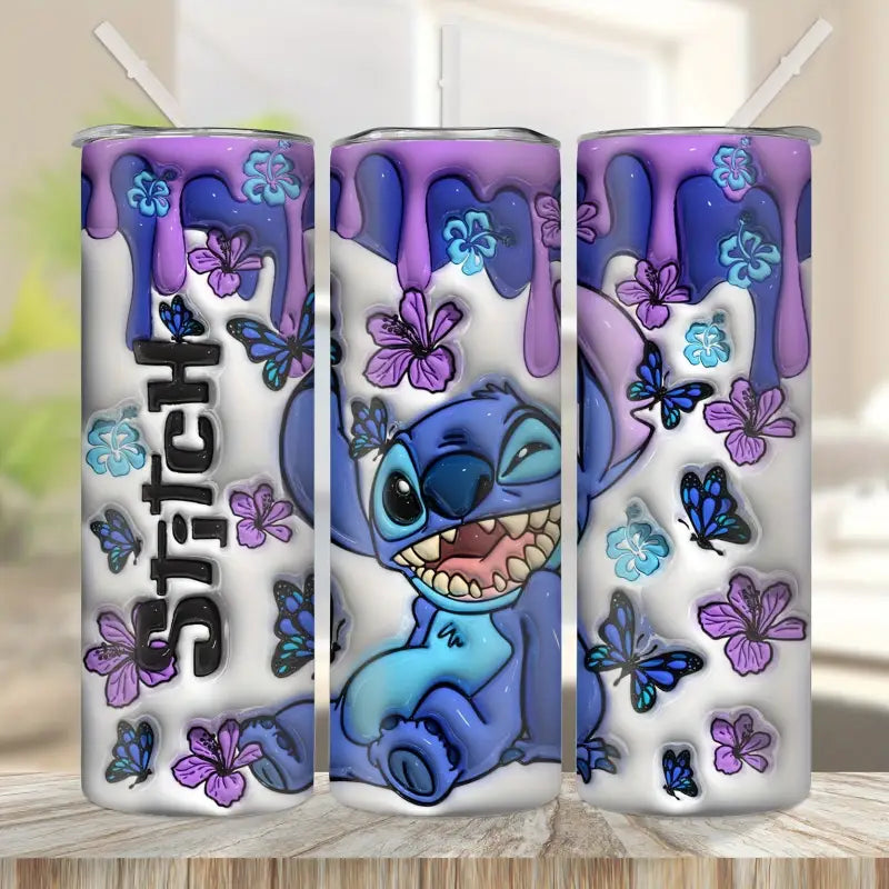 Stitch-themed tumbler with dripping purple design.
