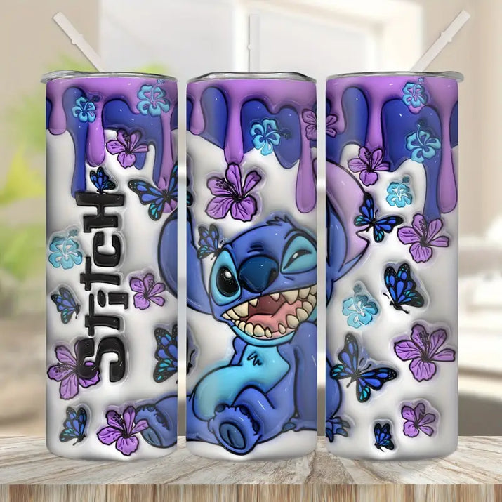 Stitch-themed tumbler with dripping purple design.