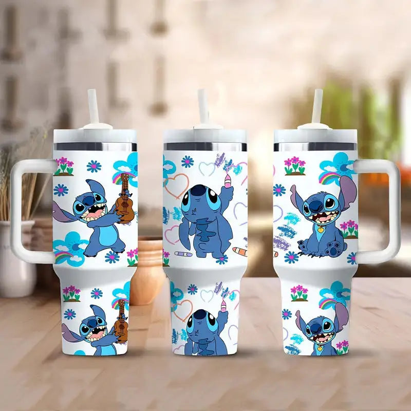 Three Stitch-themed tumblers with handles and straws.