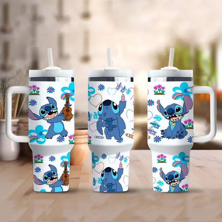 Three Stitch-themed tumblers with handles and straws.