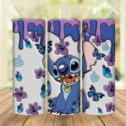 Stitch-themed tumbler with butterflies and flowers.