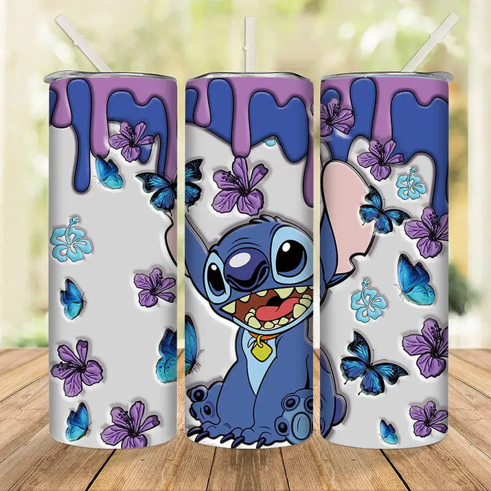 Stitch-themed tumbler with butterflies and flowers.