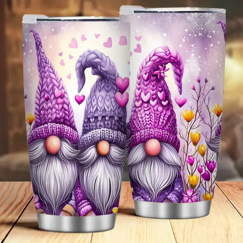 Two purple gnome-themed tumblers.