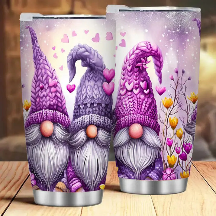 Two purple gnome-themed tumblers.