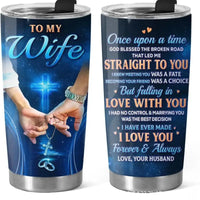 Two stainless steel tumblers with romantic messages.