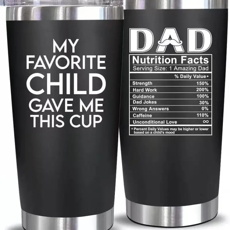 Black insulated tumblers with humorous text.