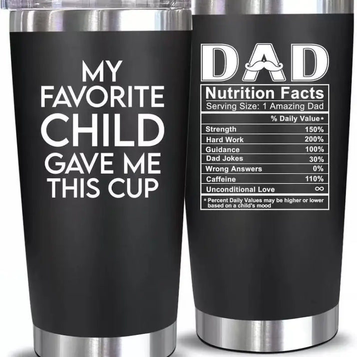 Black insulated tumblers with humorous text.