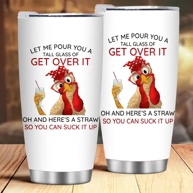 Two white tumblers with a humorous chicken design.