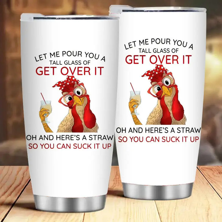 Two white tumblers with a humorous chicken design.