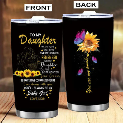 Two black tumblers with sentimental designs.