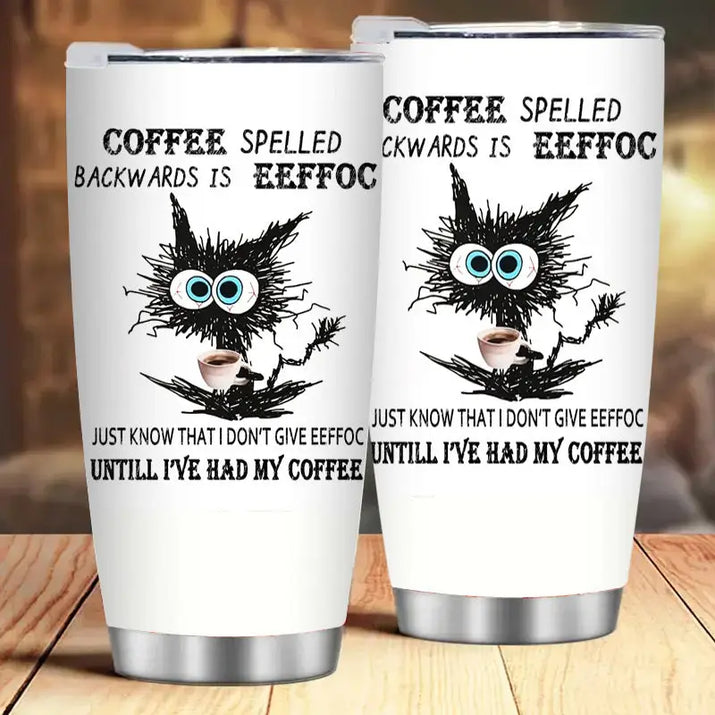 Two white tumblers with a cat and coffee design.