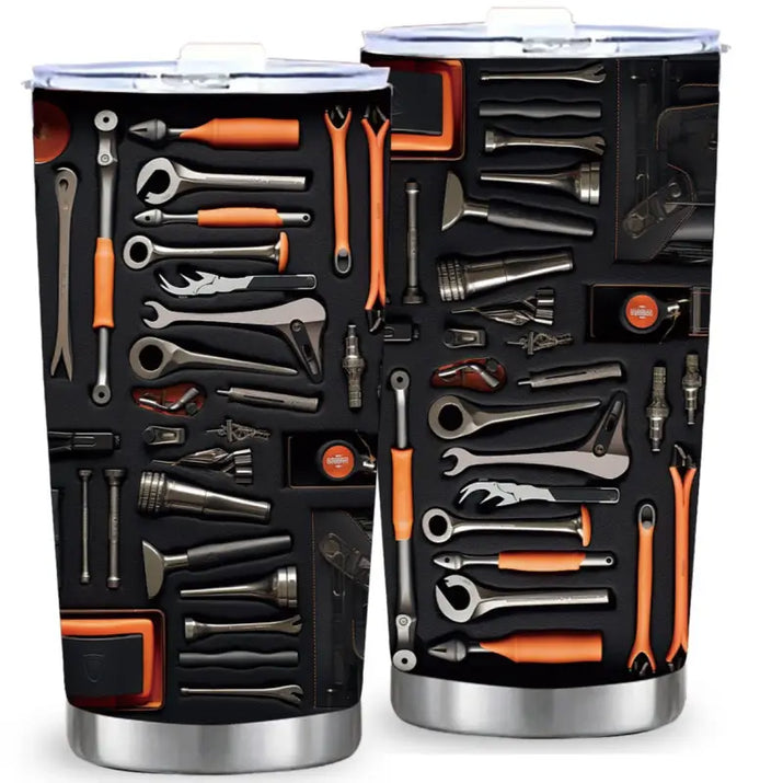 Two tool-themed tumblers.