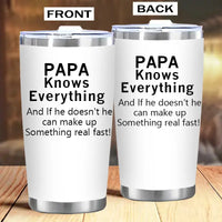 Two white tumblers with black text.