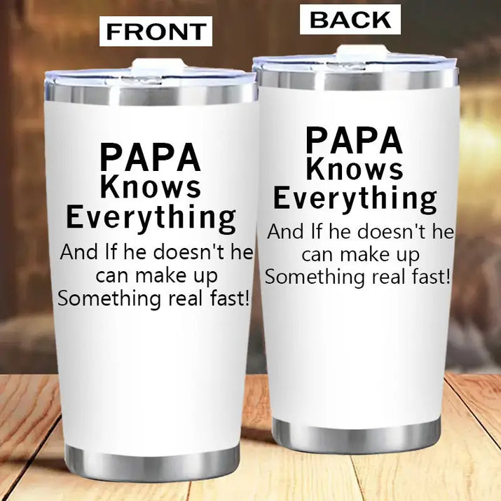 Two white tumblers with black text.