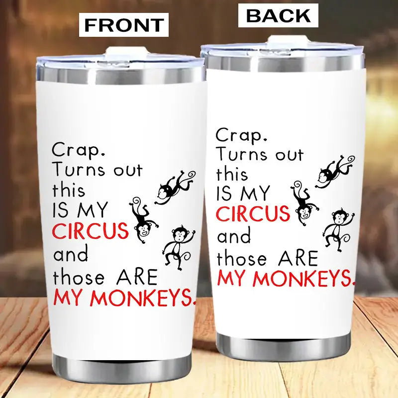 Two white tumblers with monkey graphics.