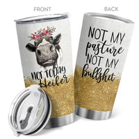 Cow-themed tumbler with humorous sayings.