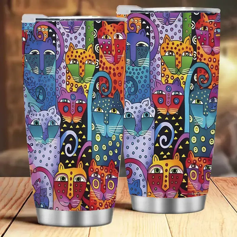 Colorful cat-themed tumblers.
