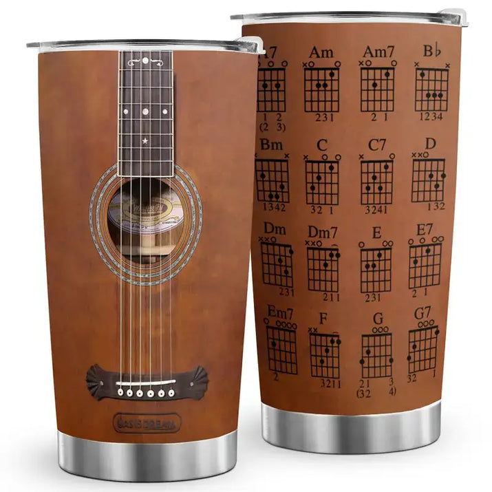 Two brown guitar-themed tumblers.