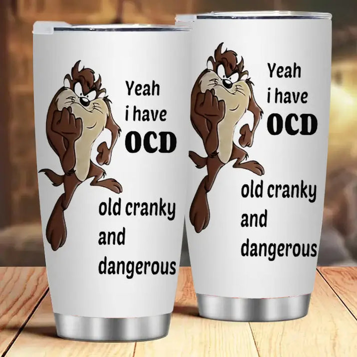 Two white tumblers with cartoon character and text.