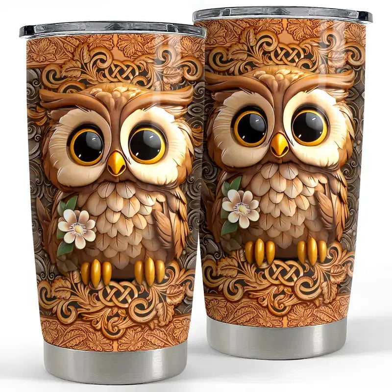 Two owl-themed insulated tumblers.