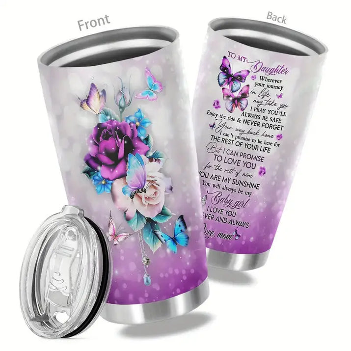 Two stainless steel tumblers with floral and butterfly designs.