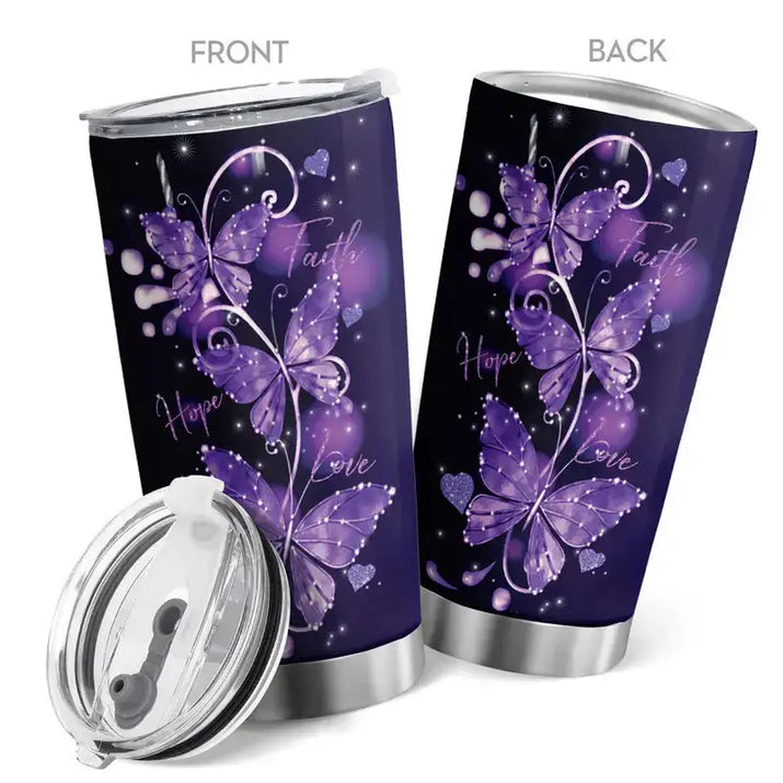 Butterfly-themed insulated tumbler.