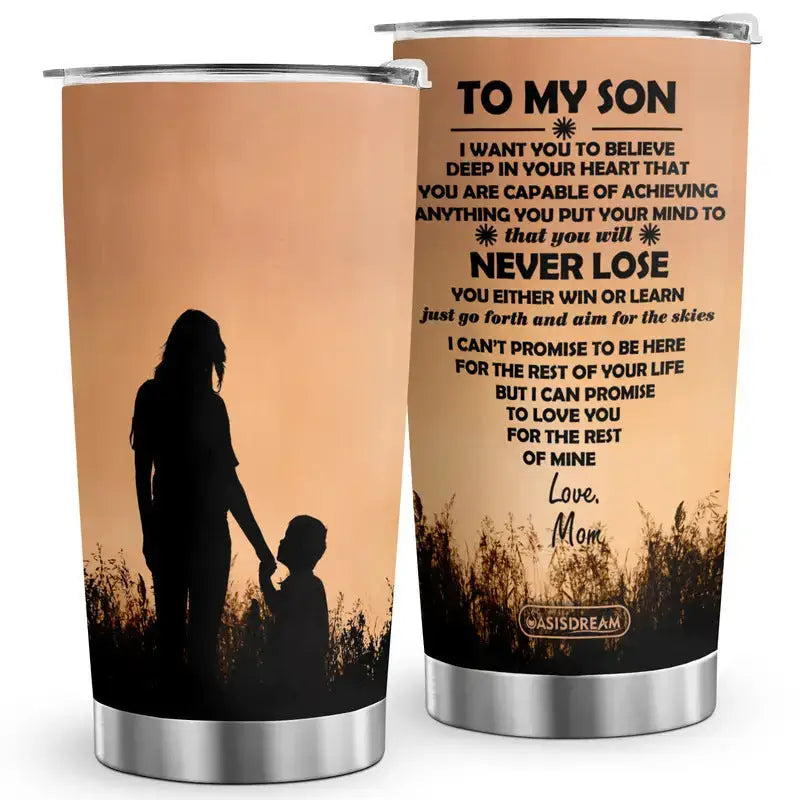 Two stainless steel tumblers with a sunset silhouette and a heartfelt message.