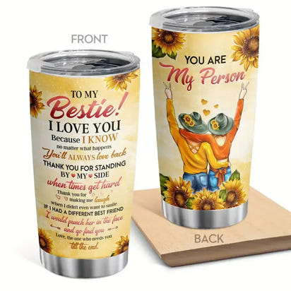Two-sided sunflower-themed tumbler.