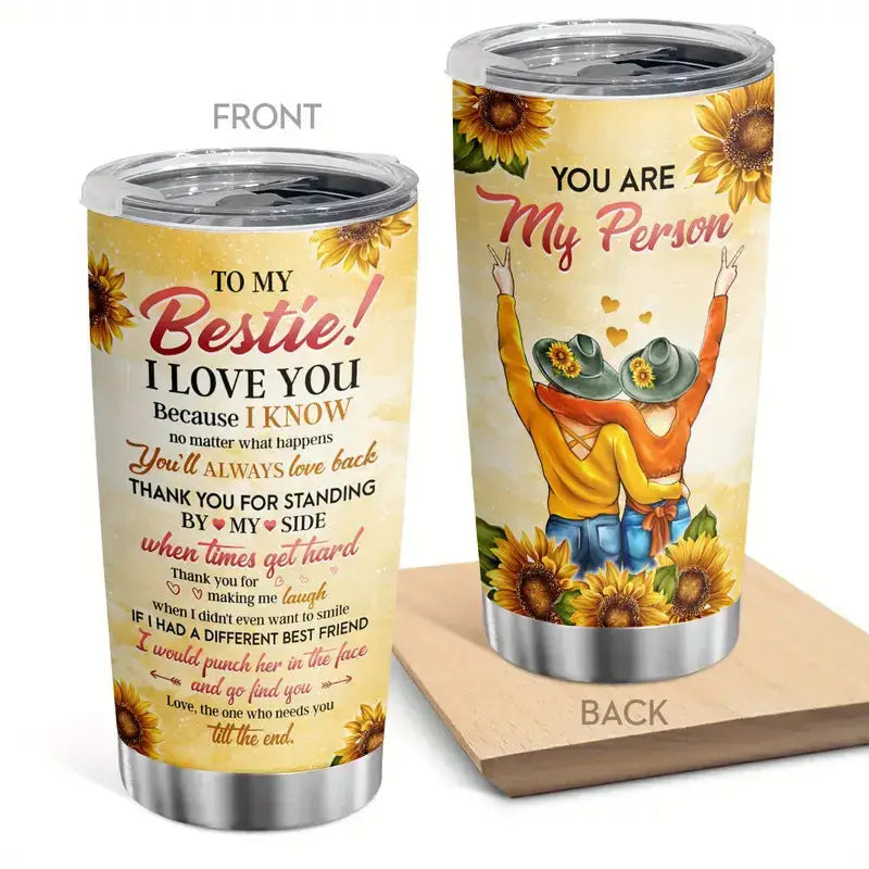 Two-sided sunflower-themed tumbler.