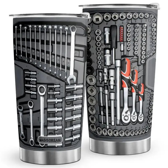 Two tool-themed tumblers.