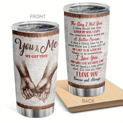 Two stainless steel tumblers with romantic designs.