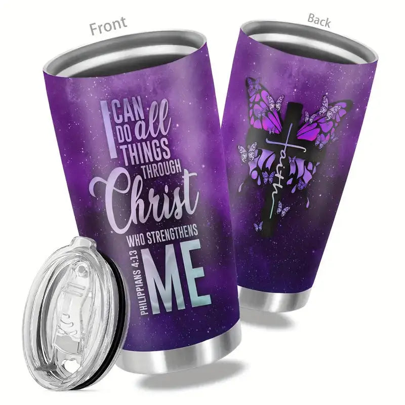 Purple tumbler with Christian-themed designs.
