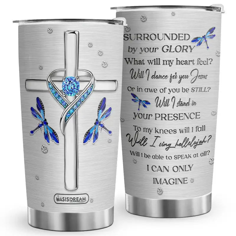 Two silver tumblers with religious imagery.