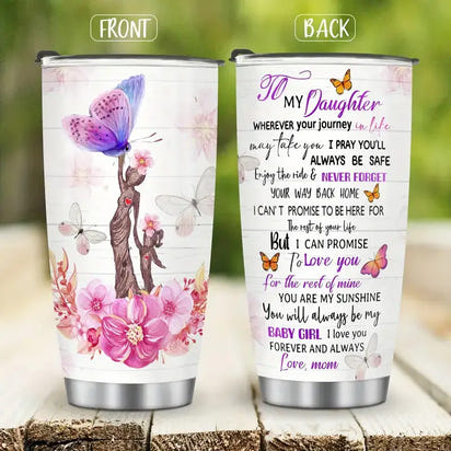 Two-sided tumbler with butterfly and mother-daughter design.
