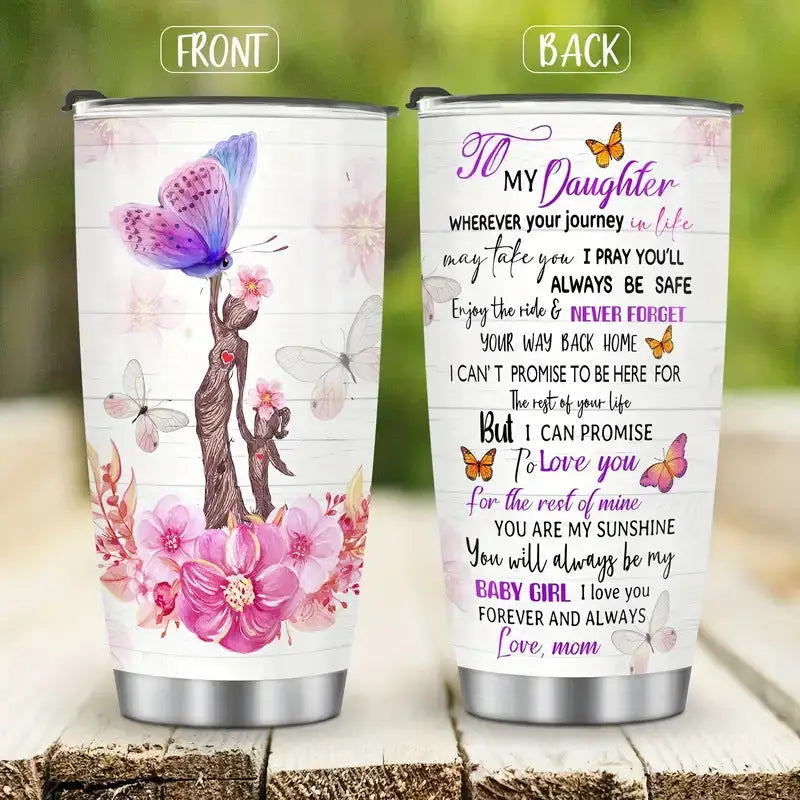 Two-sided tumbler with butterfly and mother-daughter design.