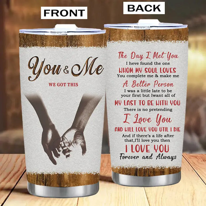 Two-sided tumbler with romantic design.