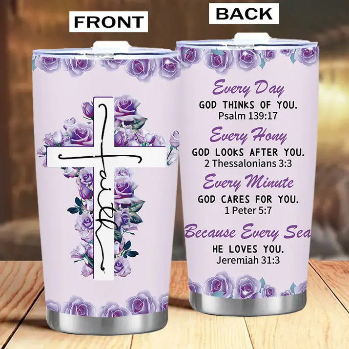 Two-sided floral-themed tumbler.