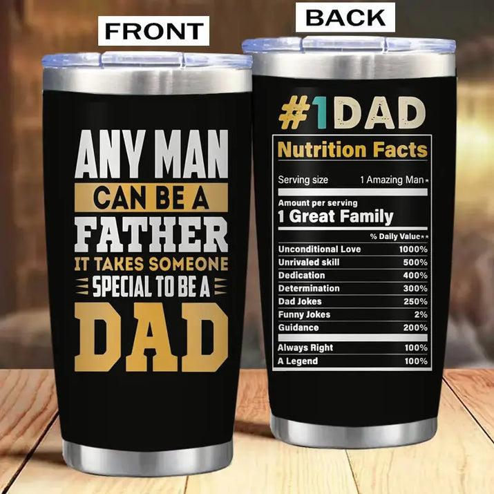 Two black tumblers with humorous dad-themed graphics.