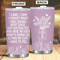 Two lavender tumblers with different designs.