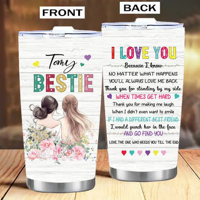 Two-sided tumbler with friendship design.