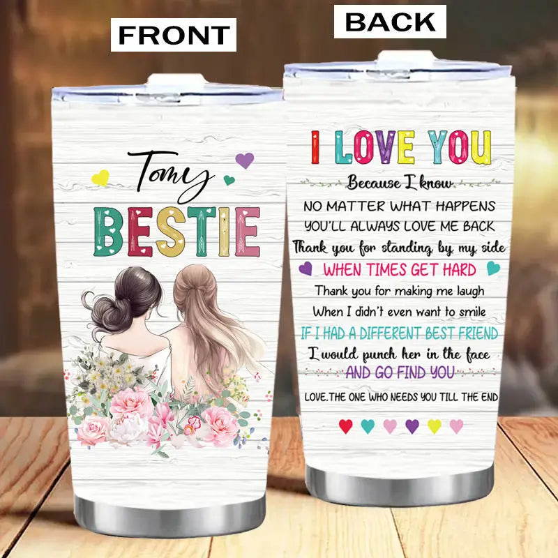 Two-sided tumbler with friendship design.