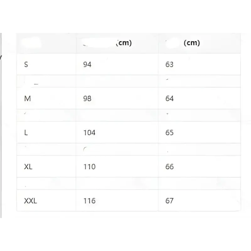 Clothing size chart.