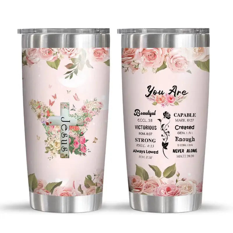 Two floral-themed tumblers.
