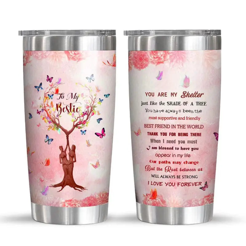 Two stainless steel tumblers with friendship-themed designs.